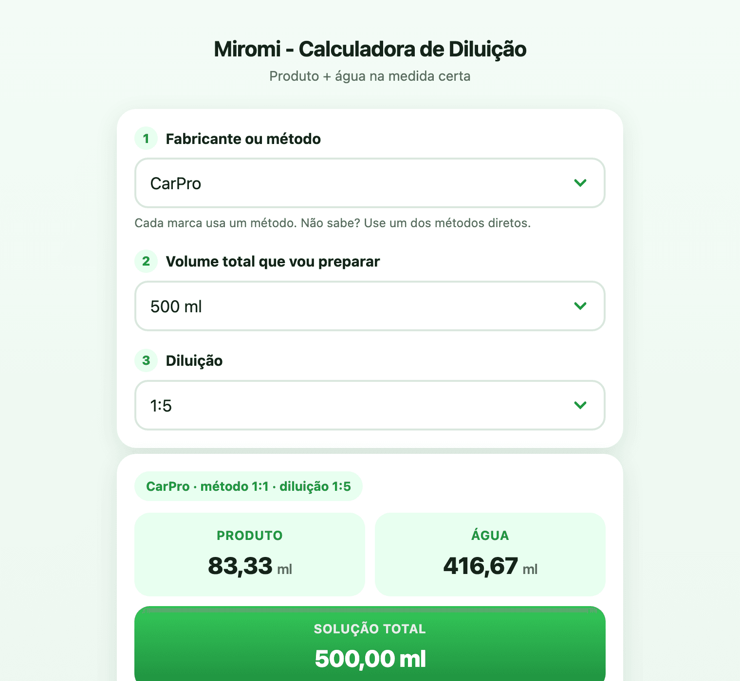 App Diluição calculando CarPro, 500 ml, diluição 1:5: resultado 83,33 ml de produto e 416,67 ml de água