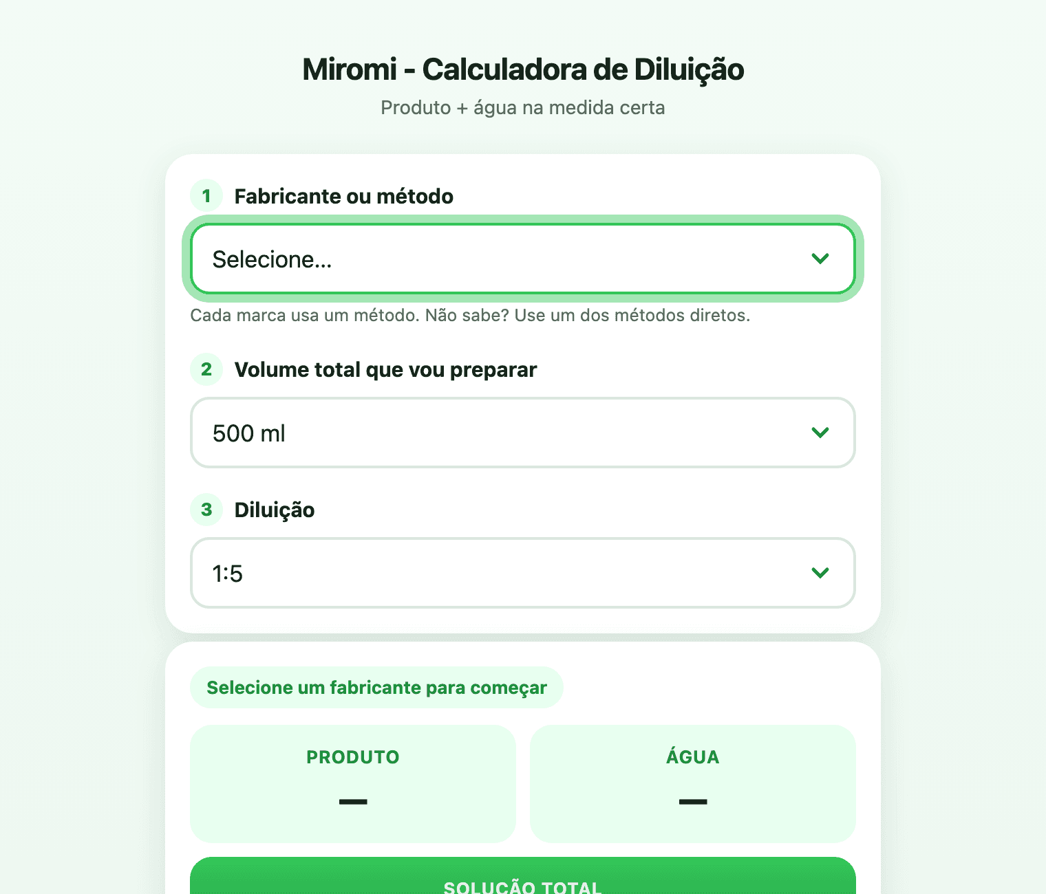 Tela inicial do app Diluição da Miromi, com os campos fabricante, volume e diluição vazios
